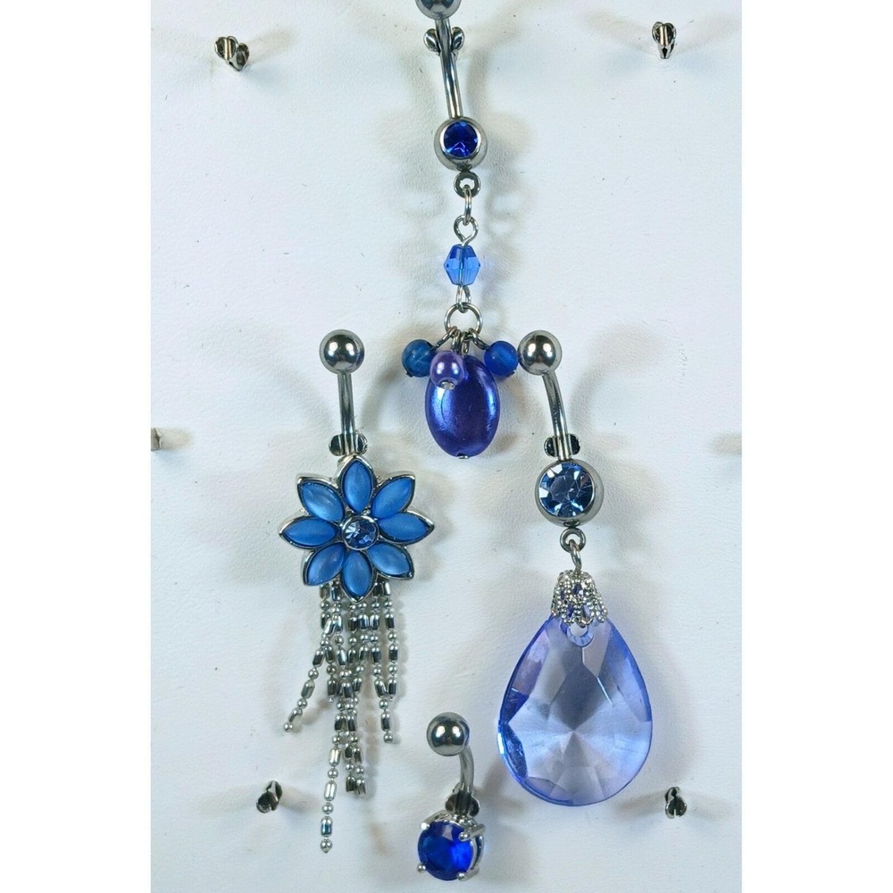 Vintage 90s Blue Belly Button Ring Set 4pc 14G 316L Surgical Steel New Old Stock - Picture 10 of 12